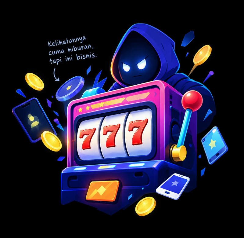 Sosok berjubah gelap berdiri di balik mesin slot bergambar 777, dikelilingi koin, kartu, dan ponsel, dengan tulisan tangan "Kelihatannya cuma hiburan, tapi ini bisnis."